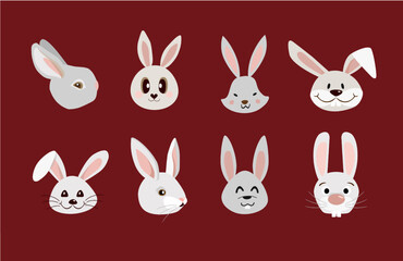 Fototapeta premium Chinese New Year 2023 adorable rabbit's faces, heads. Set of cute cartoon animals hare portraits on red background. Fits for designing kids clothes, greeting card, banner, poster. Vector illustration