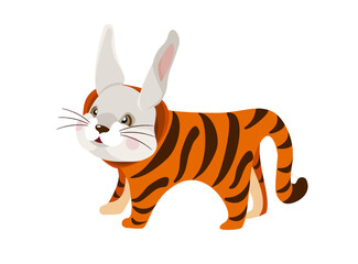 Chinese New Year 2023 and Merry Christmas transform. Cute cartoon rabbit in a tiger striped costume, tiger turns into a bunny. Printing for kid's T-shirt, greeting card, poster. Vector illustration
