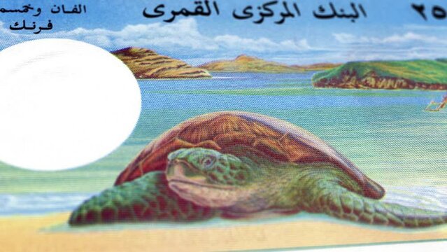 Comoros Comorian Franc 2500 Banknotes, Two thousand and five hundred Comorian Franc, Close-up and macro view of the Comorian Franc, Tracking and Dolly Shots 2500 Comorian Franc banknote Observe and
