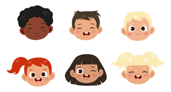Happy faces of boys and girls vector illustrations set. Collection of cute facial expressions of children, kids smiling and laughing isolated on white background. Childhood, emotions concept