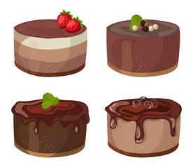 Chocolate cakes with different toppings vector illustrations set. Collection of cartoon drawings of glazed cakes from chocolate isolated on white background. Bakery, food concept
