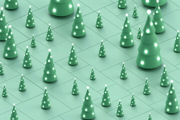 Christmas trees seamless pattern, green fir on mint background.