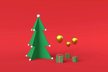 Christmas tree, Gifts and balloons. 3d rendering copy space