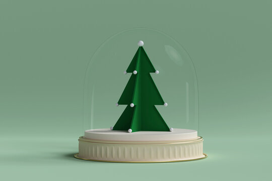 Christmas tree inside glass dome, on green background. 3d render