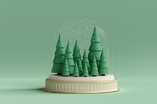 Christmas trees inside snow dome. 3d render