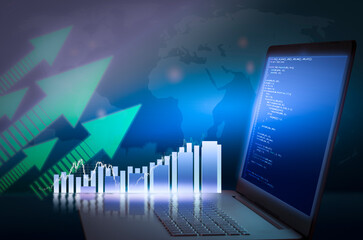 Notebook and code background. Growth of stocks and financial indicators in the graph. Infographics...