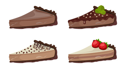 Slices of cakes with different toppings vector illustration. Collection of cartoon drawings of pieces of chocolate cakes with coconut chips, mint and strawberries. Desserts, food concept