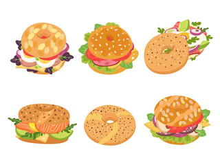 Cartoon bagel. Lunch food donut sandwich, gourmet restaurant breakfast bagels with cheese, salmon and avocado vector set