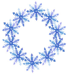 Blue snowflake watercolor wreath, border, Christmas, New Year, winter holidays party, wedding, graphic elements , PNG with transparent background 
