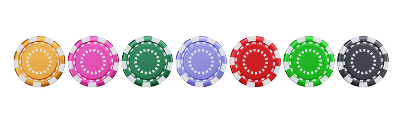 Casino Poker Chip in a row, isolated on transparent background, PNG. Casino tokens set top view, 3d 
