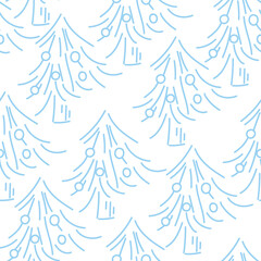 Obraz premium Vector. Hand drawn seamless christmas pattern, linear christmas tree on pastel background. Design templates for typographic products. Minimalism for branding, cover, postcard, wrapping paper.