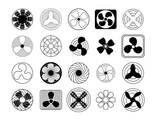Cooling fans. Cool propeller blades, climate equipment symbols and electric wind fan. Computer coolers vector icon set