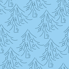 Obraz premium Vector. Hand drawn seamless christmas pattern, linear christmas tree on pastel background. Design templates for typographic products. Minimalism for branding, cover, postcard, wrapping paper.