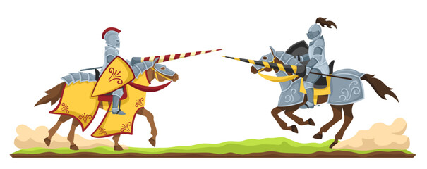 Knights tournament. Medieval knight in armor on horseback, chivalry horse battle with two opponents cartoon vector illustration