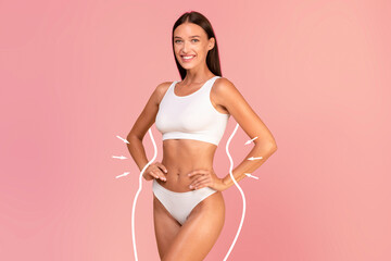 Body shaping. Happy slim lady in underwear with drawn silhouette around figure