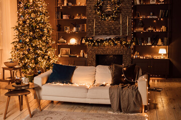 Obraz premium Christmas interior in the living room. White sofa and the Christmas tree