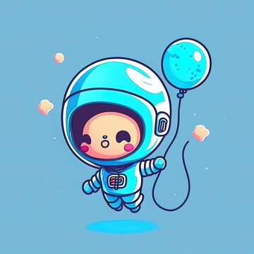 Cute astronaut floating with planet balloon cartoon 2d illustrated icon illustration science technology