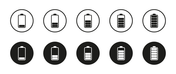 Battery icons vector set. Vector battery power icon powerfully charged.  Isolated on white background.  Vector illustration