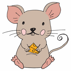 A gray mouse is sitting with yellow cheese in its paws
