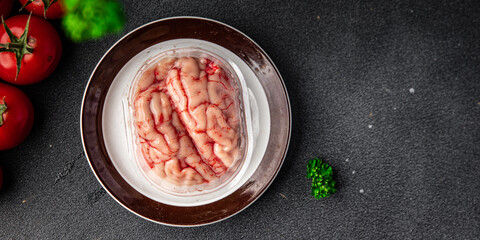 brain pork offal raw meat delicious snack mortadella, pistachios, ham healthy meal food snack diet on the table copy space food background rustic top view 