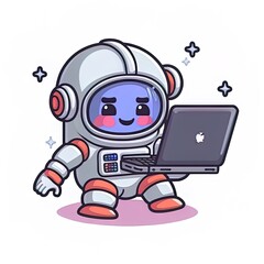 Cute astronaut operating laptop cartoon 2d illustrated icon illustration. science technology icon