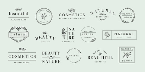 Beauty product label. Natural cosmetic tag with floral ornaments, elegant spa and care labels marketing design vector set