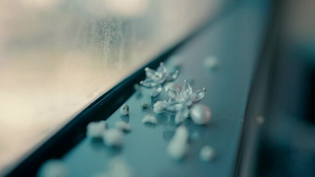 Beautiful earrings with pearls are placed by the window and small white flowers fall on them. Close-up slow motion video shooting