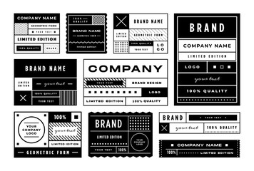 Minimal label template. Geometric tag layout, retro package grid frame and branded sticker design vector set