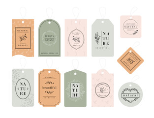 Beauty product tags. Vertical tag template with floral branches and leaves pattern for natural cosmetic products vector set
