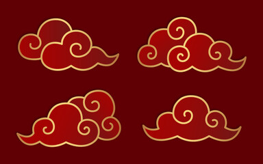 Chinese style golden clouds collection. Set of oriental design elements isolated on red background. Vector illustration.