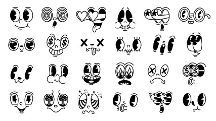 Retro 1930s facial expressions. Mascot faces for old animation characters, funny face with fire, heart and star shaped eyes vector set © WinWin