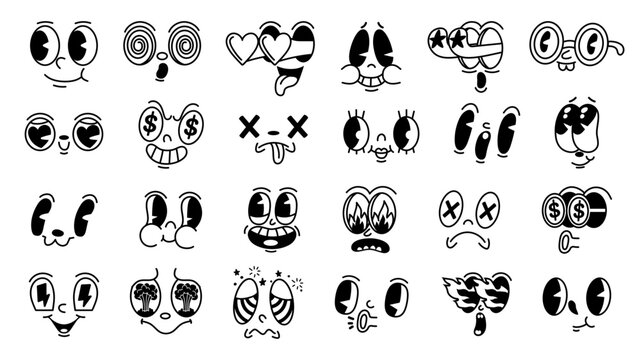 Retro 1930s facial expressions. Mascot faces for old animation characters, funny face with fire, heart and star shaped eyes vector set