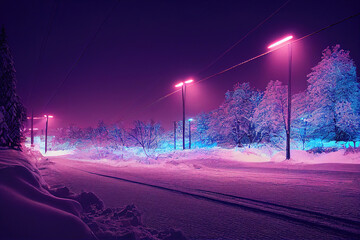 A snowy landscape at night with blue and purple neon lights - obrazy, fototapety, plakaty