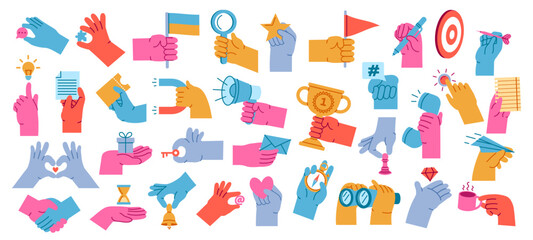 Cartoon hands holding objects. Colorful arms with flag, binocular and magnet. Hand gestures with megaphone, ticket and Idea light bulb vector set