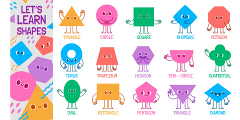 Geometric shape characters. Lets learn basic shapes, educational figure mascots for childrens vector Illustration set