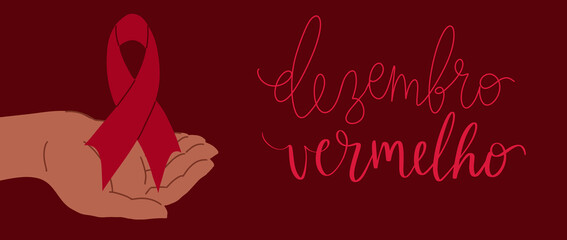 Dezembro Vermelho translation from portuguese December Red, Brazil campaign for HIV AIDS awareness. Brown human hands holding awareness ribbon vector