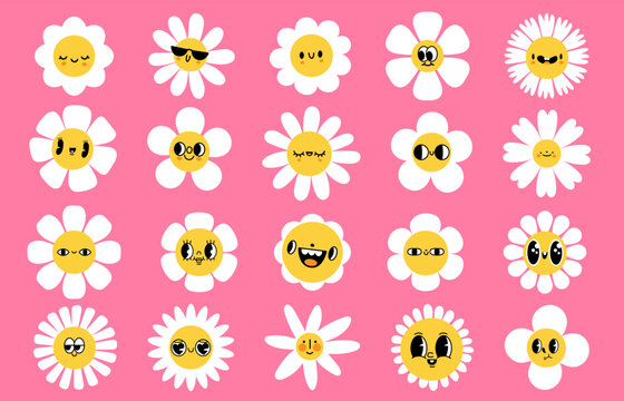 Cartoon flowers faces. Smiled character with petals, spring mascot face with eyes and smile. Retro groovy facial expressions vector set