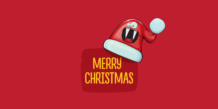 Vector cartoon Santa Claus red hat with smile face isolated on red horizontal bannner background. Merry Christmas greeting banner with funny monster Santa Claus hat. Santa hat