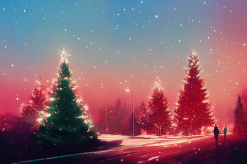 Christmas Tree On The City Street Hand Drawn Art Illustration Abstract Background. Merry Christmas And Happy New Year Stylish Post Card Classy Artistic Wallpaper. Christmastime Scene Handdrawn Artwork