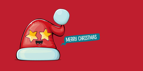 Vector cartoon Santa Claus red hat with smile face isolated on red horizontal bannner background. Merry Christmas greeting banner with funny monster Santa Claus hat. Santa hat