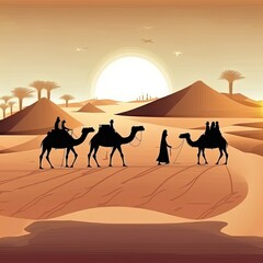 Fototapeta premium Caravan in desert background. arab people and camels silhouettes in sands. caravan with camel, camelcade silhouette travel to sand desert illustration