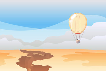 Plakat Afternoon landscape with yellow balloon in dessert, canyon, blue sky, flat illustration