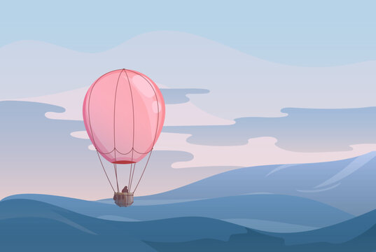 Evening landscape with pink balloon above the valley, misty slopes. Flat illustration