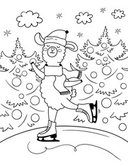 Christmas lama coloring book page. Lama skates illustration. New Year celebration concept.