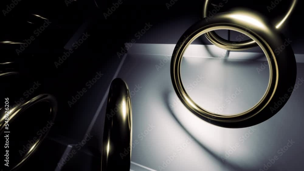 Aufkleber golden flying rings. design. dark background in abstraction with gold circles rotating at a fast spe