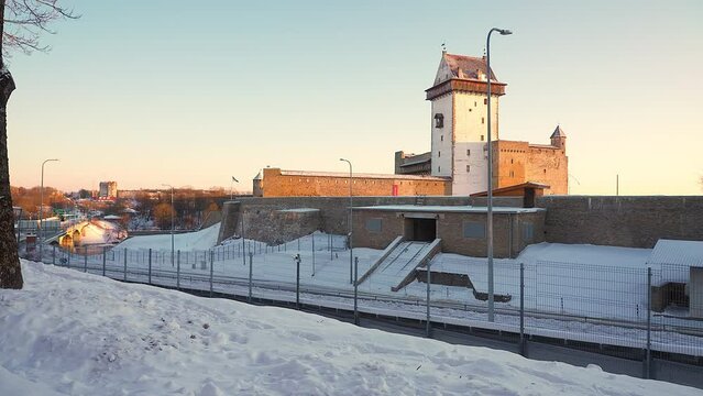Narva, Estonia - 03.12.2021: Narova River, old fortress, EU.