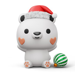 Cute Polar bear with christmas hat, happy christmas, 3d rendering