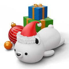 Cute Polar bear with christmas hat, happy christmas, 3d rendering