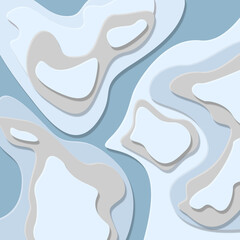 Floating ice, winter river, fossils, map of the area, toponyms. Cardboard layers, abstract wavy shapes. Blue and gray background in the style of paper cut. Cut card, carving, origami. Stock image.