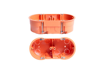 Orange plastic electrical box, junction box, isolated